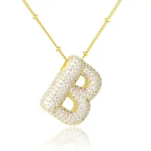 VIEN Micro Inlaid Zircon Letter Pendant Necklace 18K Fashion Jewelry Cubic Zirconia Gold-plated Plated Stainless Steel Necklace (NL-20707-A-GLD)