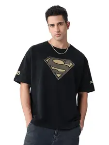 The Souled Store Superman: Vintage Men and Boys Short Sleeves Round Neck Black Graphic Printed Cotton Oversized T-Shirts