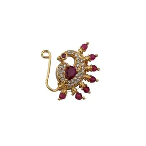 Anuradha Art Jewellery Delicate Traditional Maharashtrian Nath Pink Gold Plated Without Piercing Press or Clip on Type Nose Ring Pin for Women.