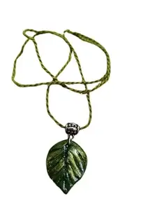 Clay Jewellery Green Leaf Pendant Necklace with Braided Cord, Handcrafted Nature-Inspired Design