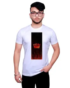 NITYANAND CREATIONS Men's Round Neck Half Sleeve White Printed T-Shirt - Casual and Stylish Tee with Unique Print Design |S