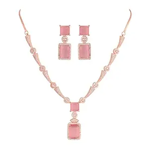 RATNAVALI JEWELS American Diamond Necklace set Rose Gold Plated Traditional stylish Wedding Pink AD Jewellery Set with Dangler Earring for Women/Girls