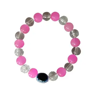 Beaded Bracelet with Evil Eye, Pink and Clear Crystal Beads, Round Shape, for Women and Girls