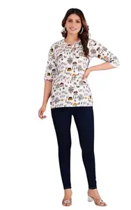 Women's Rayon Fabric Round Neck Short Sleeves Regular Fit Printed Top (White -S)