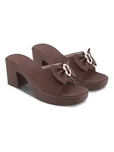 SELFIEE Women's Comfortable Stylish Bow Detail with Crystal Stone Textured Block Heel Sandals