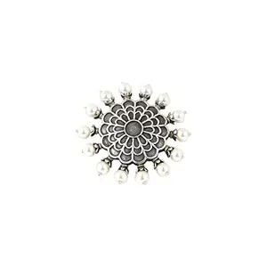 TEEJH Suvanshi Floral Pearl Silver Oxidised Ring