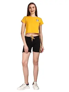 Watch Me Fly Women's Yellow Cotton Crop Top & Black Shorts Set (M)