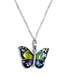 Uniqon Multicolor Valentine's Day Special I Love You Romantic AD Nug Diamond Studded Colorful Butterfly Wing Pattern Locket Pendant Necklace With Clavicle Chain For Girl's And Women's