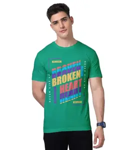 Print My Fashion Men's T-Shirt Regular Fit Round Neck Half Sleeve Combed Bio-Washed Cotton Broken Heart Motivational Graphic Printed T Shirt for Men (Green, L)