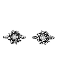 TEEJH Miraya White Stone Silver Oxidised Toe Rings for Women