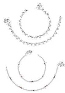 AanyaCentric Pack of 2 Pair Indian Traditional Ethnic White Metal Anklet Silver Bracelet For Women Payal Girls Kolusu