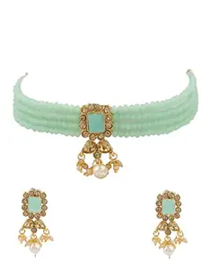 Anuradha PLUS® Turquoise Colour Designer Crystal Choker Necklace Set for Women & Girls | Pearls Beads Neckalce Set With Earrings Set