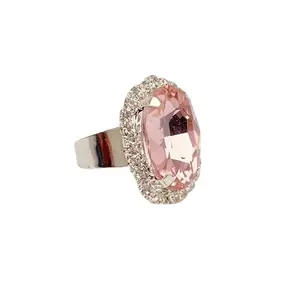 Crystal Statement Ring with Pink Oval Stone, Silver Band, Rhinestone Halo
