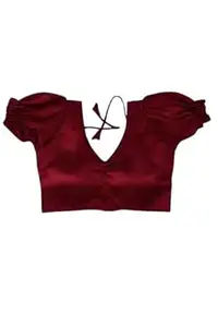 MK Enterprises24 Women Satin Silk Puff Sleeve V-Neck Designer Saree Blouse with Back Tie-Up Dori