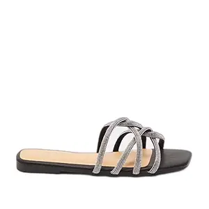shoexpress Women's Embellished Open Toe Slide Sandals, Black, 7.5