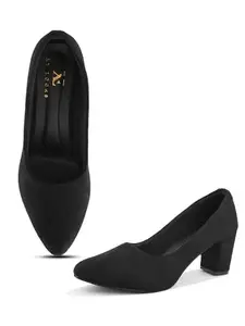 XE Looks Classic Black Pumps | Chic Suede Finish | Comfortable Block Heel For Girls & Womens