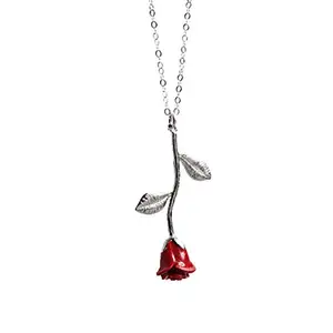 Silver, Red Rose: Barogirl Rose Necklace With Initial Vintage 3D Flower Pendant Necklace For Women (Silver, Red Rose)