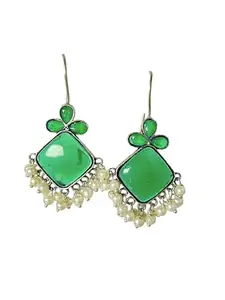 Kundan Drop Earrings with Pearl Tassels (Green)