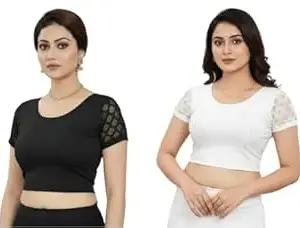 TRUNESS Round Neck Cotton Lycra Stretchable Half Net Sleeve Readymade Saree Blouse for Women and Girls, Size (26 to 44)