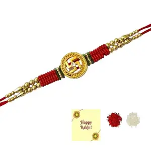 DMS RETAIL Religious Swastik Rudraksha Rakhi with Brown and White Crystals for Bhaiya With Roli Tilak And Greetings Card