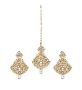 Generic Women's Rose Gold Plated Alloy Kundan Earrings & Mangtikka-PID47357