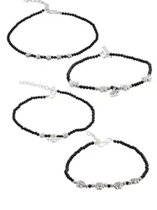 Atibelle set of 4 German silver- plated & black -white beaded floral- shaped anklets