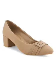 Shuz Touch Beige Comfort Block Heel Pumps | Size : 4
