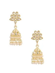 Atibelle gold-plated & white kundan stone-studded floral-shaped beaded jhumkas