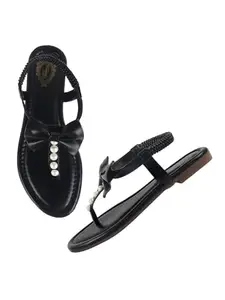 Shoetopia Pearl Beaded Bowknot Black Flats For Women & Girls