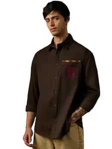 The Souled Store Harry Potter: House of The Brave Men and Boys Long Sleeve Spread Collar Dark Brown Embroidered Lightweight Easy to Style Everyday Office Wear Cotton Relaxed Shirt