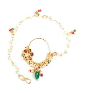 Shona Fashion Jewellery Rajsthani Jadau Traditional Indian AD Nose Ring Gold-Plated, AD Stone Crystal and Gemstone Design, Bridal Jewellery for women and girls