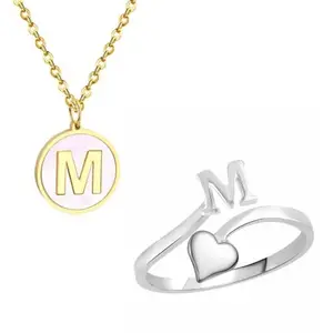 Generic Kerry Jewel Alphabet "M" Enamel Charm Pendant with Ajustable Ring Set for Women an Girls