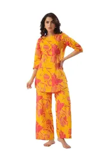 JISORA Women's Organic Printed Pure Yellow Cotton Pyjama Top Night Suit Set