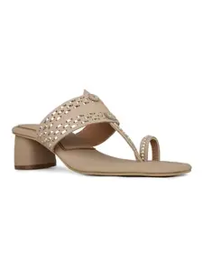 Inc.5 Womens Beige Embellished Square Toe Ethnic Heels Sandals