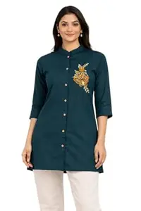Orriva Womens Pure Cotton 3/4 Sleeves Collar Neck Short Straight Kurti Featuring A Floral and Butterfly Motif On The Chest Breathable Fabric
