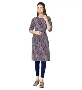 Women's Casual 3/4th Sleeve Printed Polyester Knee Length Straight Kurti (Violet, XL)-PID45502