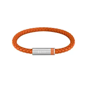 BOSS Ares Single Family Stainless Steel & Orange Leather Men's Bracelet - 1580625