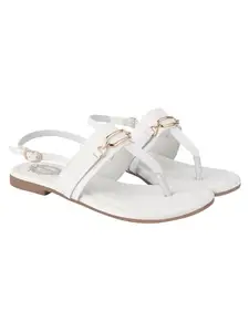 Shoetopia Buckle Detailed White Flat Sandals For Women & Girls /EU39