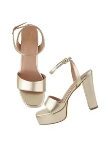 Shoetopia Casual Ankle Strap Golden Heeled Sandals For Women & Girls