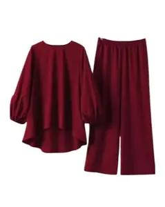 Pinkberry Women's Rayon Co-ord Set | Two Piece Top & Pant | Long Sleeve Round Neck Cord Dress for Women Maroon L
