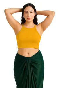 THE BLAZZE Readymade Fitted Saree Blouse for Women Sleeveless Square Round U Neck Regular fit Stretchable Pullon Ribbed Tank Crop Top NB69 1002 4XL YEL Yellow