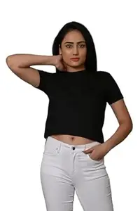 T-MOD Women 100 Percent Cotton Material Crop Top | Solid Round Neck Short Sleeve Top with Classic Fit | Soft Fabric Look for Regular Outfits Casual Wear and Modern Styling