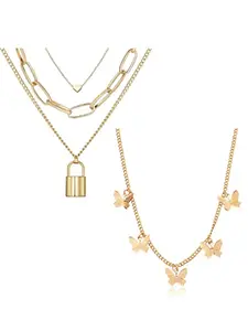Vembley Pack Of 2 Charming Gold Plated Butterfly and Multi Layered Star, World Pendant Necklace For Women And Girls
