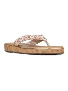 Inc.5 Womens Rose Gold Embellished T-Strap Ethnic Flats Sandals
