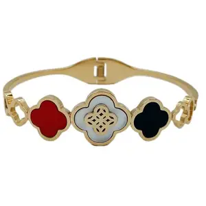 Designer Gold Plated Bracelet with Quatrefoil Pattern, Red Black Grey Enamel, Clover Design, Fashion Jewelry