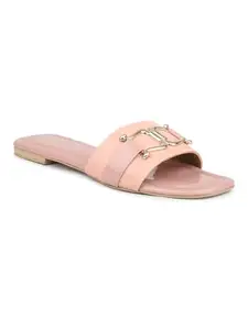 INC.5 Women Peach-Coloured And Gold-Toned Buckled Open Toe Flats