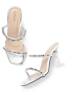 AXIUM Stone Embellished Silver Hourglass Heels, 3.5-Inch