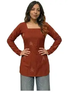ANNI Designer Women’s Viscose Blend Printed Short Kurti | Straight Fit Casual Ethnic Top | Square Neck 3/4 Sleeve Kurta Office College