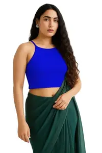 THE BLAZZE Readymade Fitted Saree Blouse for Women Sleeveless Square Round U Neck Regular fit Stretchable Pullon Ribbed Tank Crop Top NB53 1002 L RBL Royal Blue