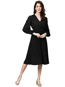 pluss Women's Black Solid 3/4th Sleeve Dress (LDR8119-BLACK-M)